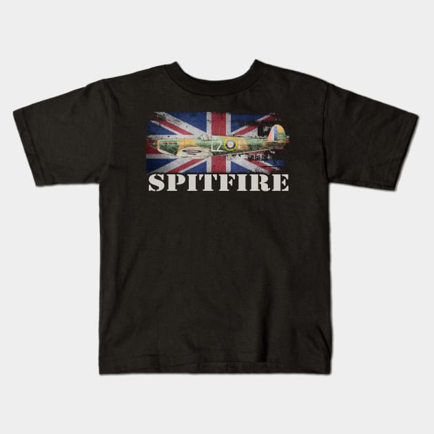 Supermarine Spitfire Fighter Plane Aircraft RAF Plane Union Jack Aeroplane Kids T-Shirt by BeesTeez